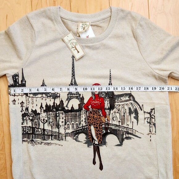 COLORTREE Paris M-L Red Barret Eiffel Tower Studs Decor Beige Sweater Top Tunic - Picture 9 of 16